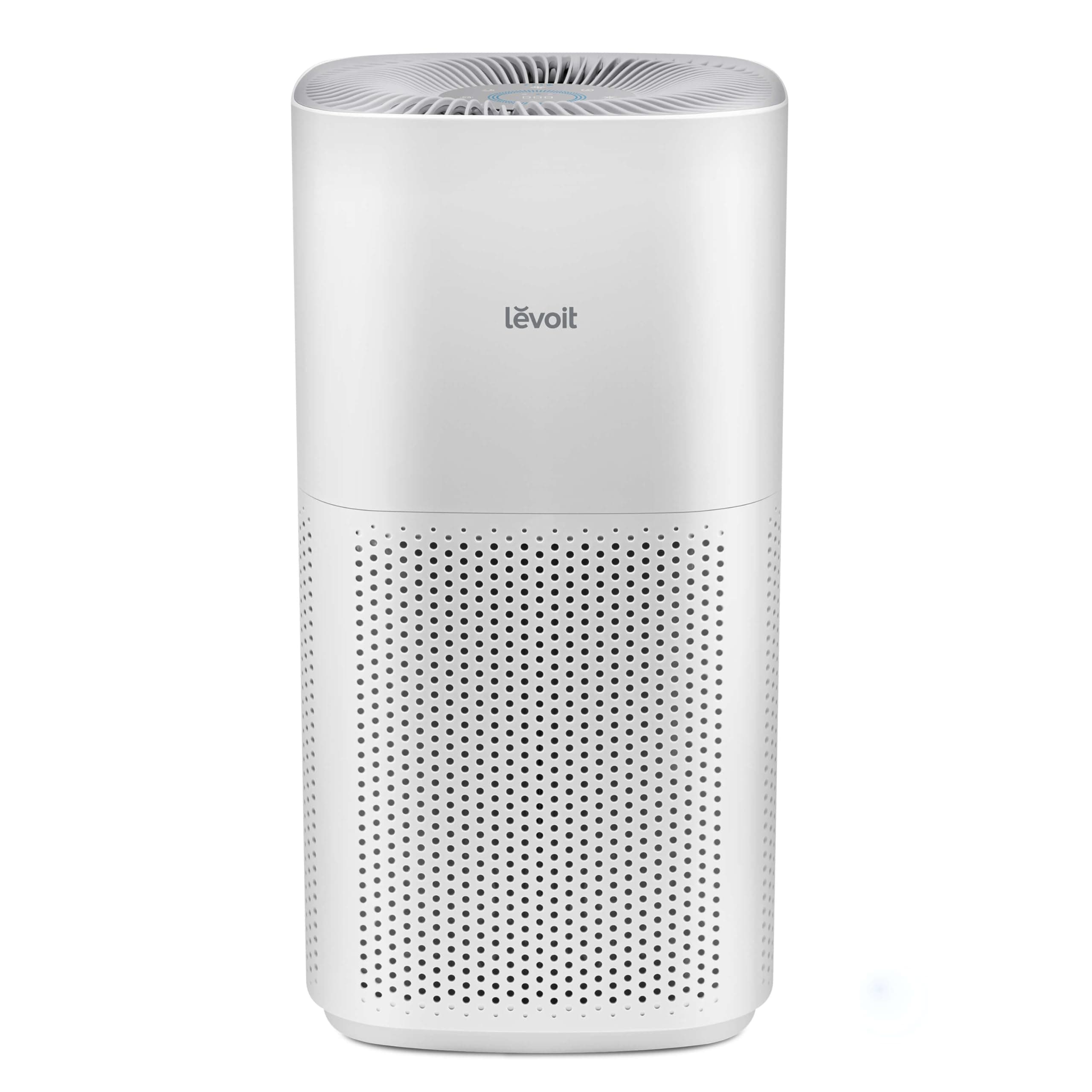 Smart air purifier glowing blue in a living room