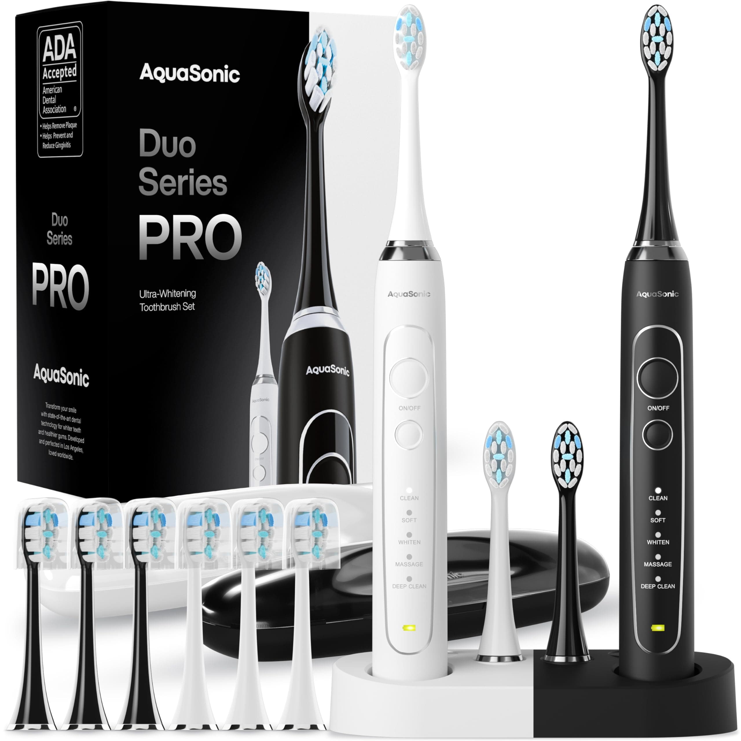 Aquasonic Duo Series PRO toothbrush set on charging base