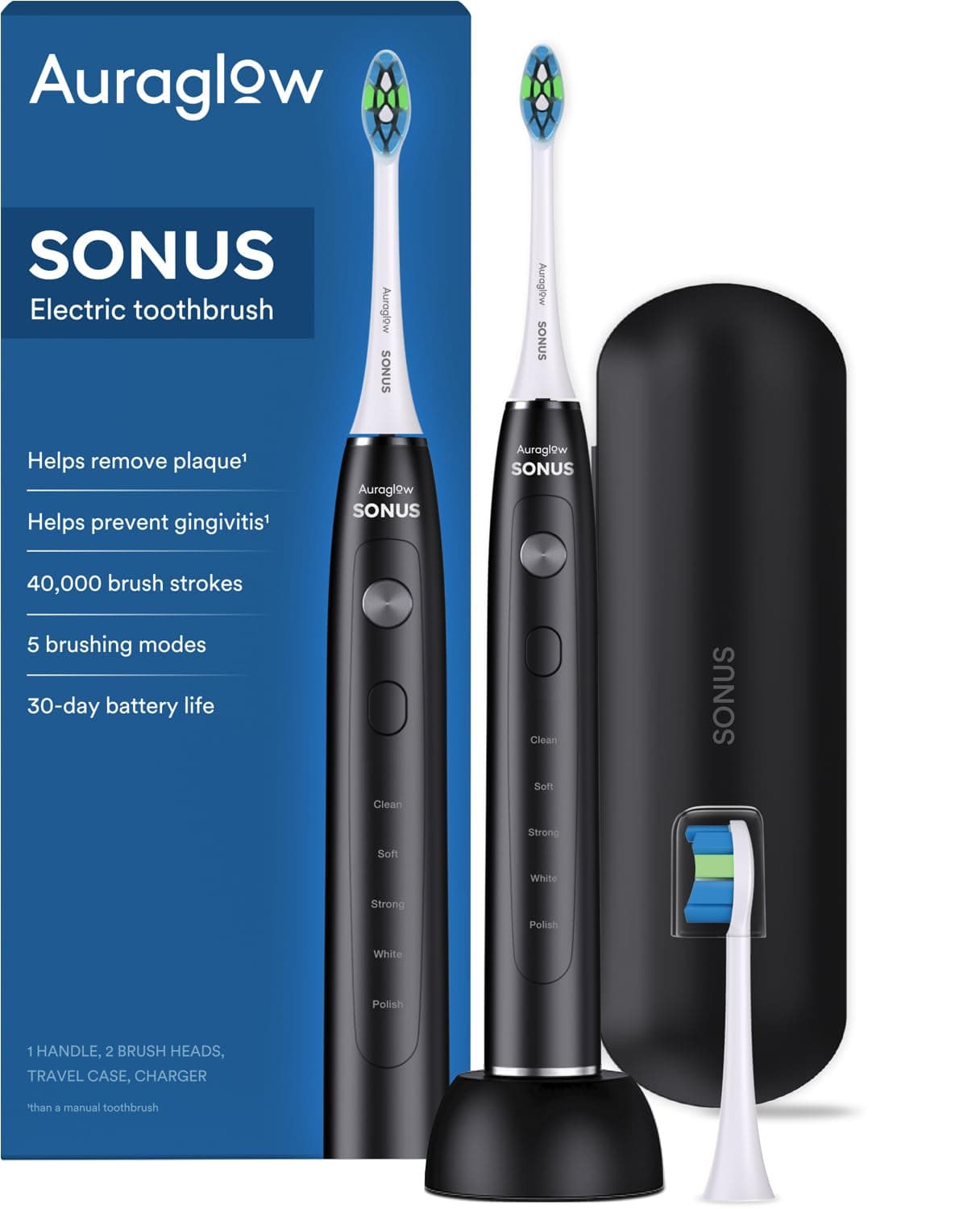 Auraglow Sonus electric toothbrush with travel case