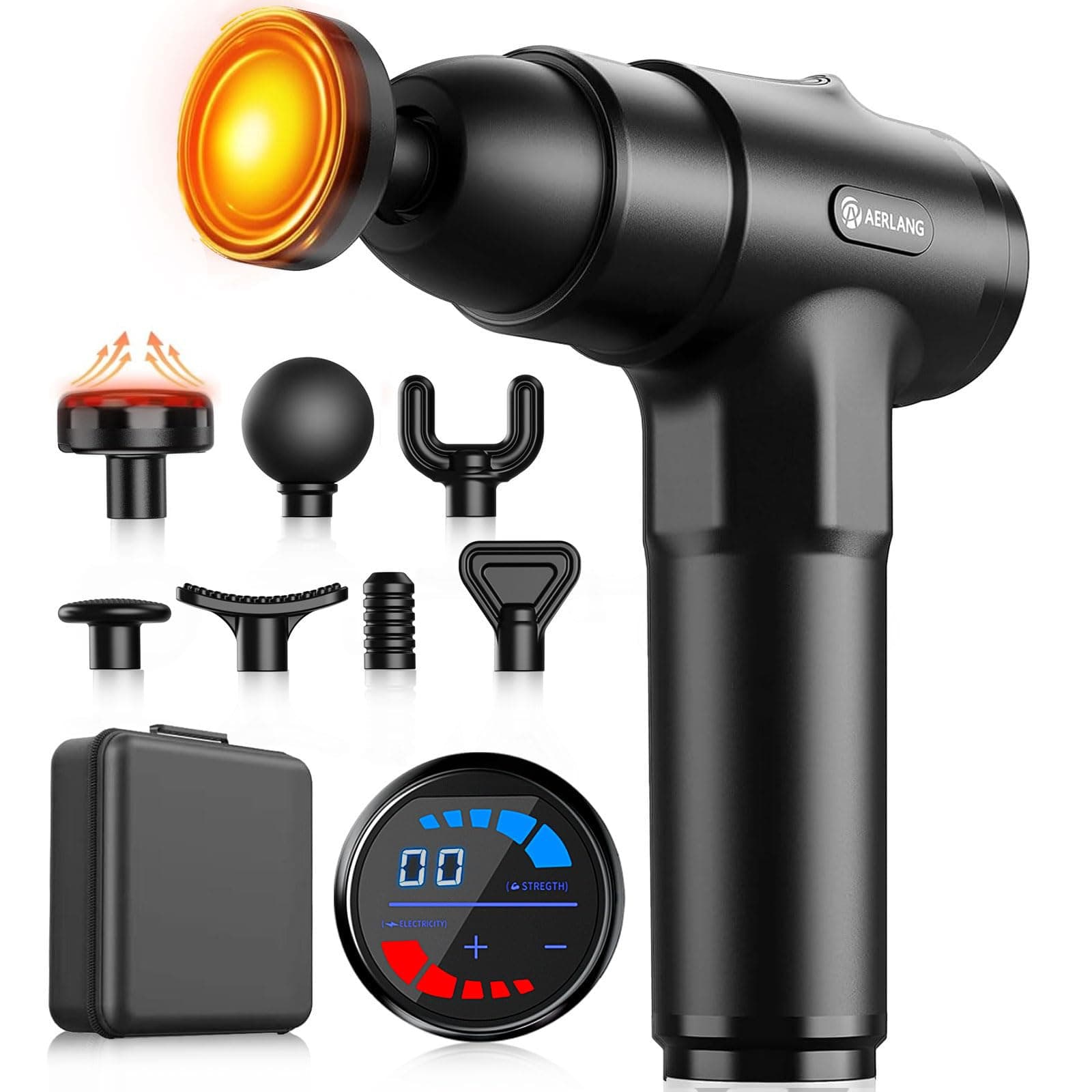 Massage gun with heated head working on a runner's calf