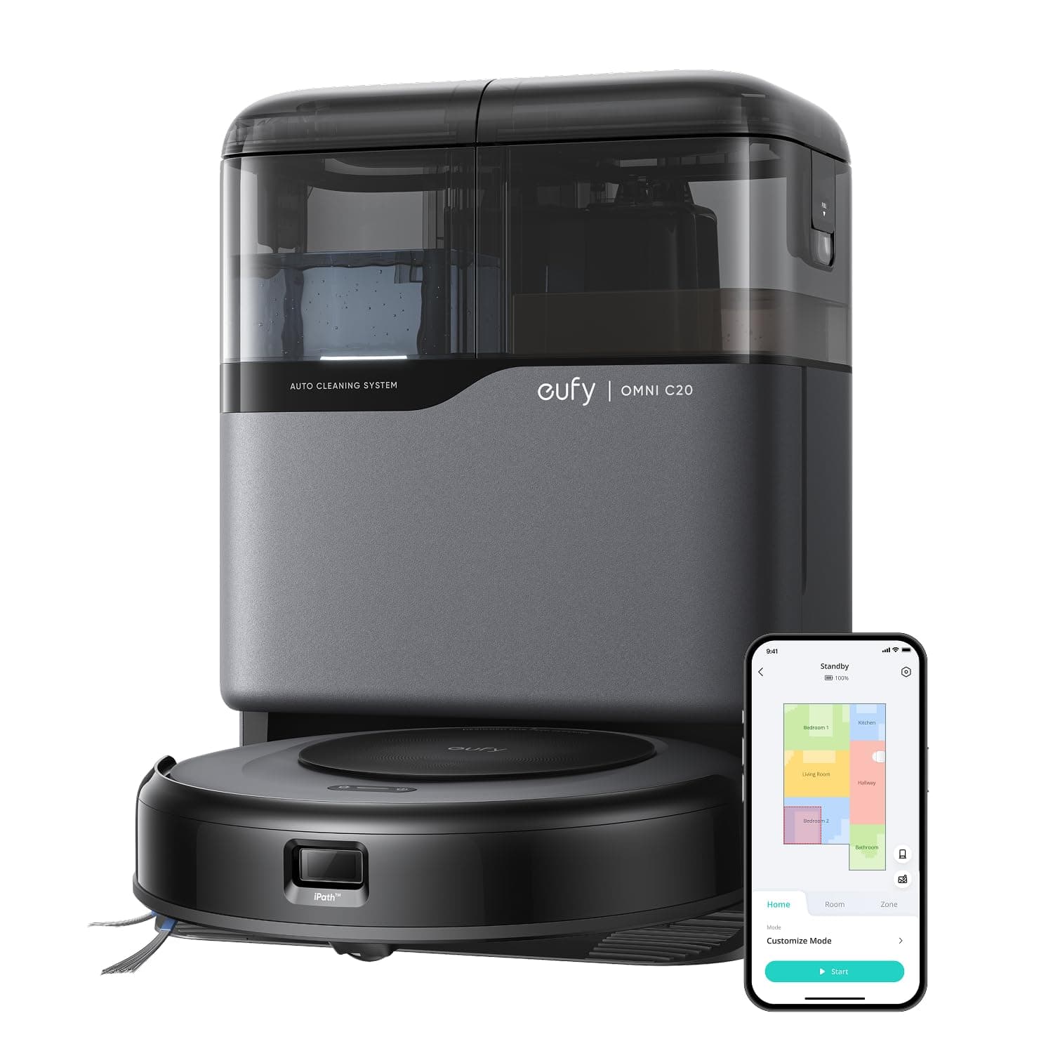 Eufy Omni C20 robot vacuum dock with transparent water tanks