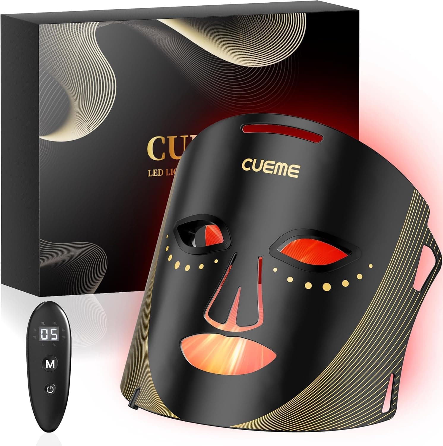 CUEME FDA-cleared LED face mask on coffee table