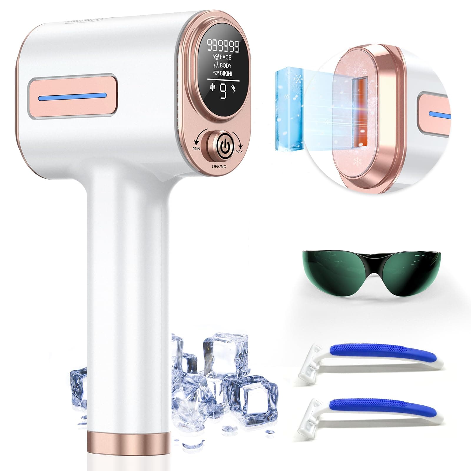 At-home IPL hair removal device with cooling plate on a bathroom counter