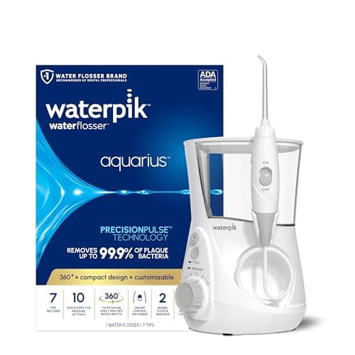 Waterpik Aquarius countertop water flosser on bathroom counter