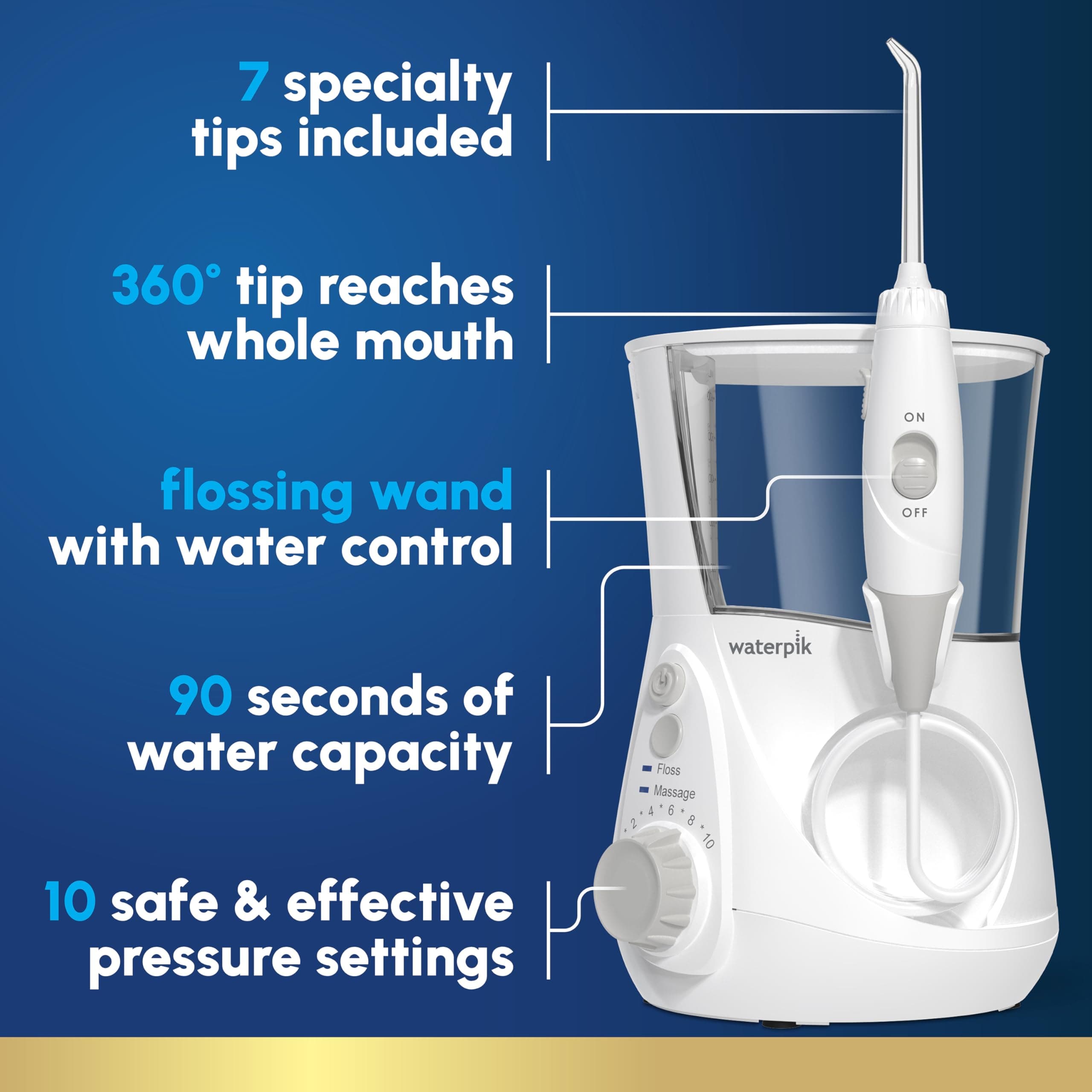 Countertop water flosser spraying water in a bathroom sink