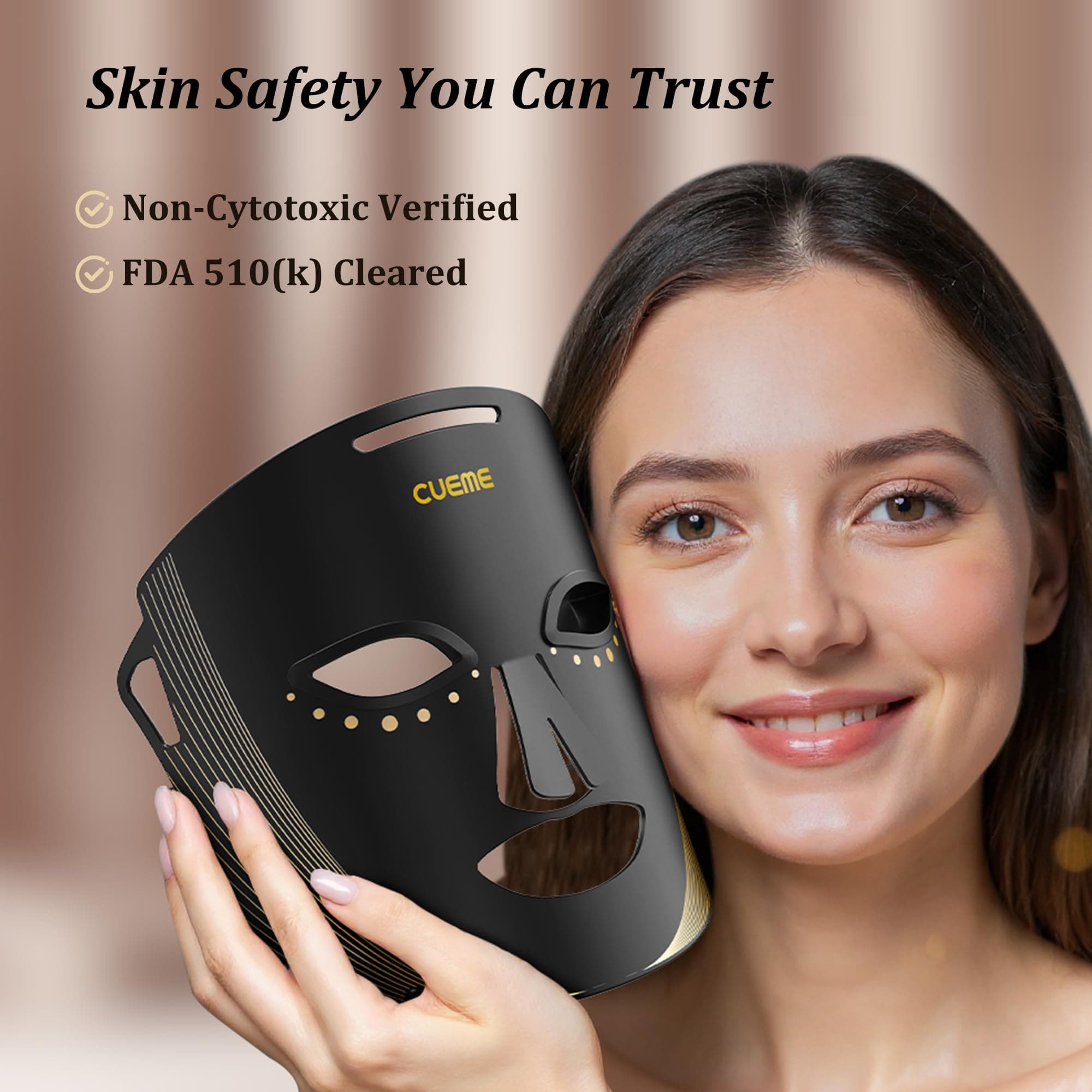 Woman relaxing on couch wearing a wireless LED face mask