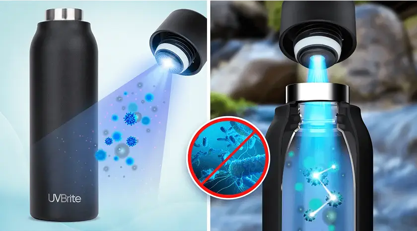 UVBrite self-cleaning water bottle standing on desk