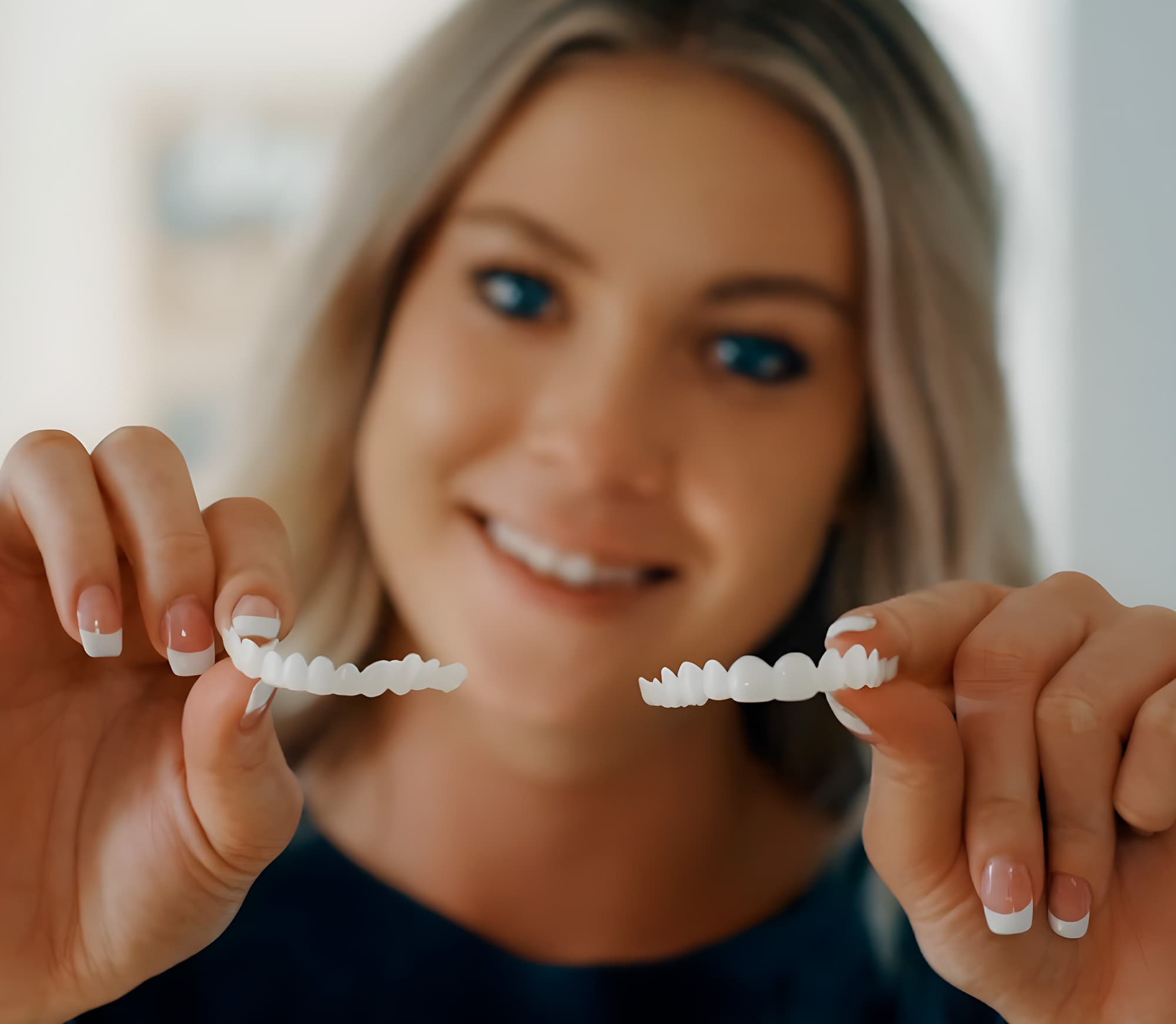 Shiny Smile veneers displayed beside the custom case